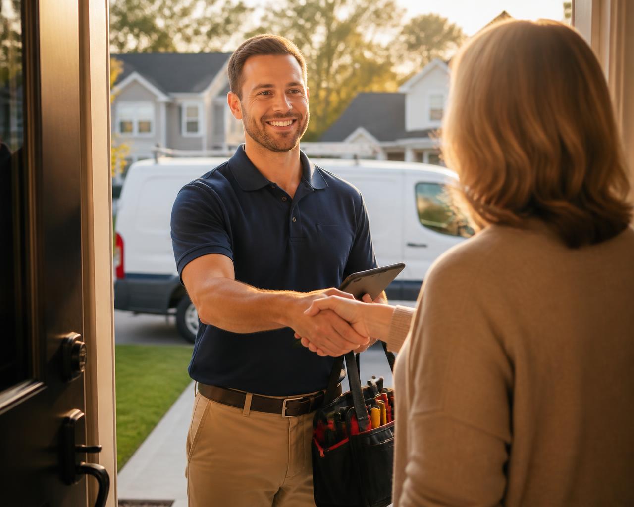 Blue Valley technician greeting a homeowner at the front door for a scheduled AC maintenance visit